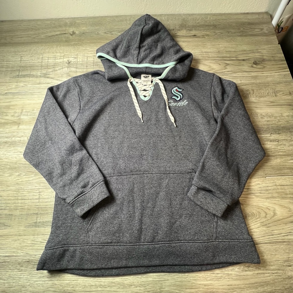 NHL Seattle Kraken Hoodie Women‎ L Charcoal Gray Lace Up V-Neck Pullover Logo